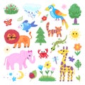 Kids pencil drawing. Child crayons design, children drawings color animals. Art giraffe, lion and elephant. Baby zoo