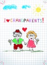 Kids pencil hand drawn greeting card with grandpa and grandma together