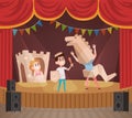 Kids performance. children show fairy tale stories on stage kids in cardboard costume. vector