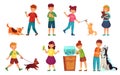 Kids with pets. Kid hug pet, child love animals and playing with dog or cute cat cartoon vector illustration set Royalty Free Stock Photo