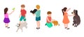 Kids and pets. Pet care concept. Isometric children and dogs, parrot, cats vector set