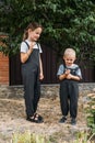 Kids picking plums in backyard. Preschooler girl and boy playing in plum tree orchard and eating fresh plums. Kids Royalty Free Stock Photo