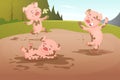 Kids pigs playing in dirty puddle