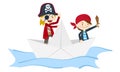 Kids pirate paper ship sailing in the sea scull and cross bones