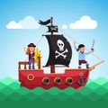 Kids pirate ship sailing in the sea with flag Royalty Free Stock Photo