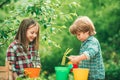 Kids planting flowers in pot. Two Happy children farmers working with spud on spring field. Royalty Free Stock Photo