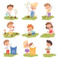 Kids planting. Happy children gardening digging picking plants eco weather protect tree vector set