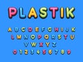 Kids Plastic Cartoon Font. Colorful comics font, child sport alphabet in style of pop art. Multilayer funny colorful letters on