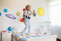 Kids play astronaut. Space and planet child game Royalty Free Stock Photo