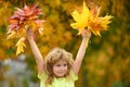Kids play in autumn park. Children portrait with yellow leaves. Child boy with oak and maple leaf outdoor. Fall foliage Royalty Free Stock Photo