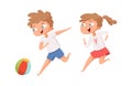 Kids play ball. Running cartoon boy and girl. Isolated happy children playing together vector illustration Royalty Free Stock Photo