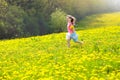 Kids play. Child in dandelion field. Summer flower Royalty Free Stock Photo