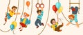 Kids play. Children fun. Swings in kindergarten. Active and funny games. Birthday playground. Babies club or gym. Girl
