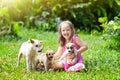 Kids play with puppy. Children and dog in garden.