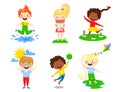 Kids play enjoy spring arrival warm summer little characters happy playing vector illustration.