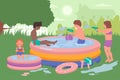 Kids play fun game in summer backyard pool, happy little boy girl in swimsuits swimming Royalty Free Stock Photo