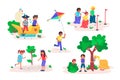 Kids play games outdoor vector illustration set, cartoon flat happy childhood playtime collection with children friends Royalty Free Stock Photo