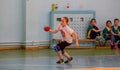 Kids play handball indoor. Sports and physical activity. Training and sports for children