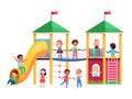 Kids play playground. Children climb on amusement ride, roll down baby slide, outdoor park entertainment for girls and