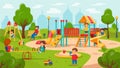 Kids play on playground. Kindergarten city. Children ride on slides or swings. Baby and mother on street yard. Happy Royalty Free Stock Photo
