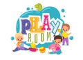 Kids play room. Playground cartoon logo. Children zone for games. Boys and girls with plush bunny or toy rocket. Toddler