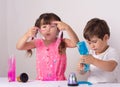 Kids play with slime. Boy stretch handgum or toy slime.