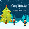 Kids play snowballs next to Christmas tree. Vector Christmas greeting card Royalty Free Stock Photo