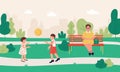 Kids play in summer park, cartoon happy active children playing with ball, mother sitting on bench Royalty Free Stock Photo