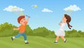 Kids play tennis in summer park, excited boy girl training, playing sport game together