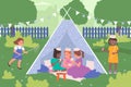 Kids play together in tepee tent, house camp in summer park, girls have fun on picnic