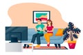 Kids play in video game. Little boy and girl with gamepads sit on sofa in playroom in front of TV. Vector illustration Royalty Free Stock Photo