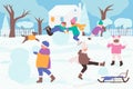 Kids play in winter park, make snowman, friends playing game, child rolling snow balls Royalty Free Stock Photo