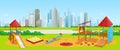 Kids playground on background of buildings and skyscrapers. Urban park in modern city, town Royalty Free Stock Photo