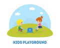 Kids Playground Banner Template, Kids Having Fun at Playground, Two Girls Swinging on Seesaw Vector Illustration