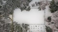 Playground in the city park in foggy winter day. Royalty Free Stock Photo