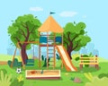 Kids playground in city park. Swings, sandbox, slide, tree and bench. Royalty Free Stock Photo