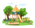 Kids playground in city park. Swings, sandbox, slide, tree and bench. Royalty Free Stock Photo