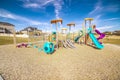 Kids playground with colorful blue slides during day