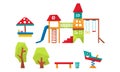 Kids Playground Elements Set, Sport and Recreation Ground Equipment, Slide, Ladder, Swing, Sandpit, Trees, Bench Vector