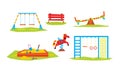 Kids Playground Elements Set, Sport and Recreation Ground Equipment, Slide, Ladder, Swing, Seesaw, Sandpit, Bench Vector