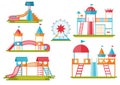 Kids playground, entertainment in the form of horizontal bars and swings, children`s toys,slide, Vector illustrations. Royalty Free Stock Photo