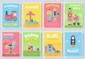 Kids playground field brochure cards set. staff equipment template of flyear, magazine, poster, book cover, bookle