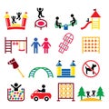 Kids playground, outdoor or indoor place for children to play icons set