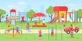 Kids playground at park. Group of children playing outdoor, on swings, slide and game house. Flat city park with boys Royalty Free Stock Photo