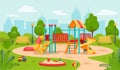 Kids playground in park. School area. Outdoor play ground equipment for kindergarten or house. Empty city landscape Royalty Free Stock Photo