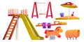 Kids playground with slide, sandbox and swing