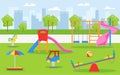 Kids playground in summer park, garden or backyard with slide, sandbox and swing. Childrenkids playground. Vector Royalty Free Stock Photo