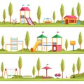 Kids playgrounds. Children outdoor entertainment devices. Multiple location options. Playing area with slide and swing