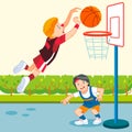 Kids playing basketball in a playground. Cartoon, flat style vector Illustration. Royalty Free Stock Photo