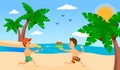 Kids playing on the beach. Summer holiday, cheerful cute young children playing with water pistols